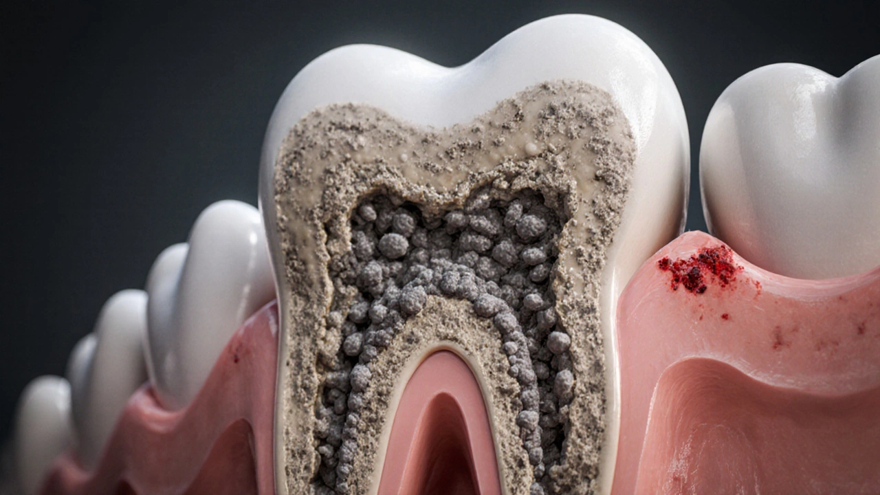 Příčný řez zubem s bakteriálním plakem přecházejícím v zubní kámen a ničícím kostí.