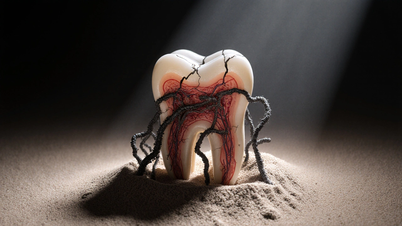 Zub s rozpadající se základnou a bakteriálními výběžky vedoucími do krevních cév.