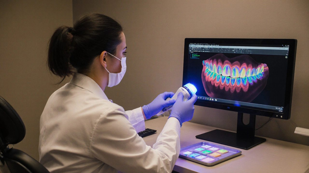 Dentista používá intraorální skener u pacienta, na obrazovce 3D model zubů.