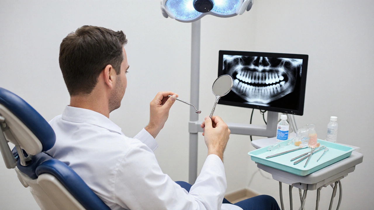 Dentista provádí vyšetření – vizuální kontrola a rentgen.