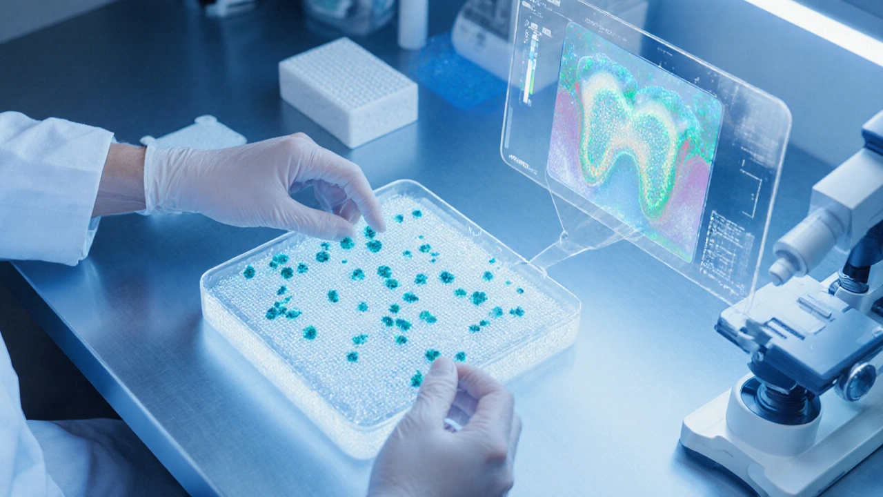 Laboratorní scéna s kolagenovým hydrogelovým nosičem a svítícími kmenovými buňkami.