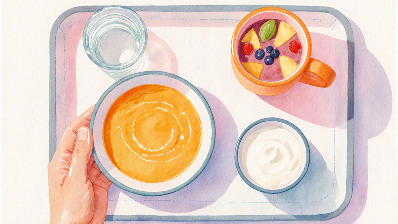 Měkká krémová polévka, jogurt a smoothie na talíři vedle pacienta.