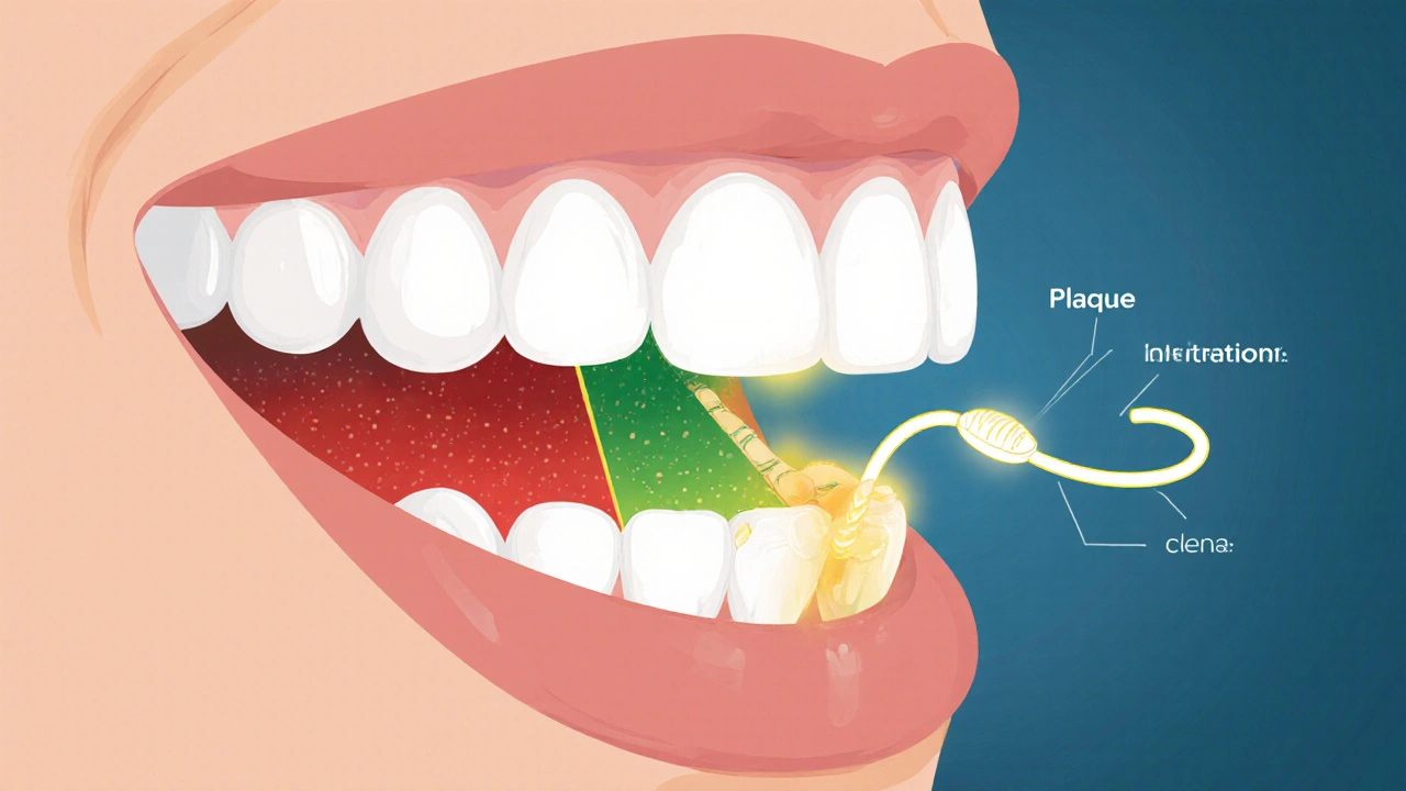 Náčrt úst s označenými oblastmi plaku a správným pohybem niti ve tvaru 'C'.