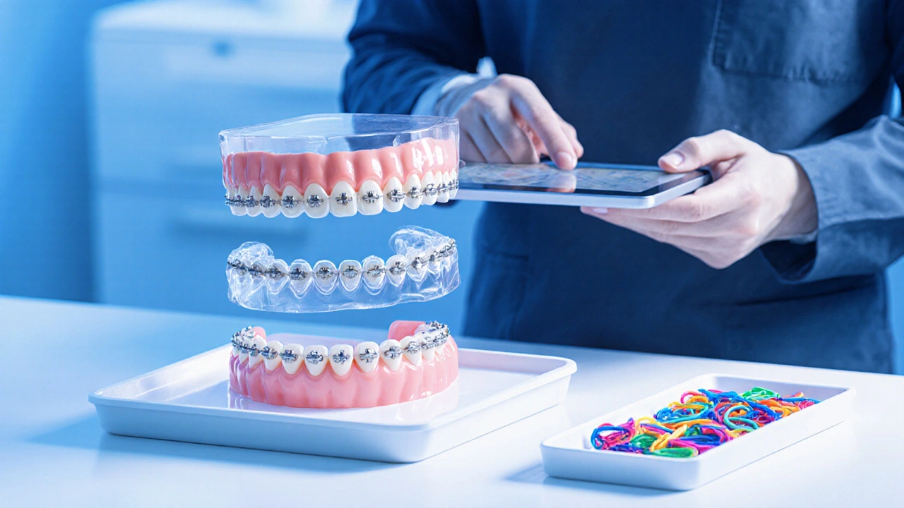 Ortodontista vybírá keramické nebo kovové rovnátka u 3D skenu.