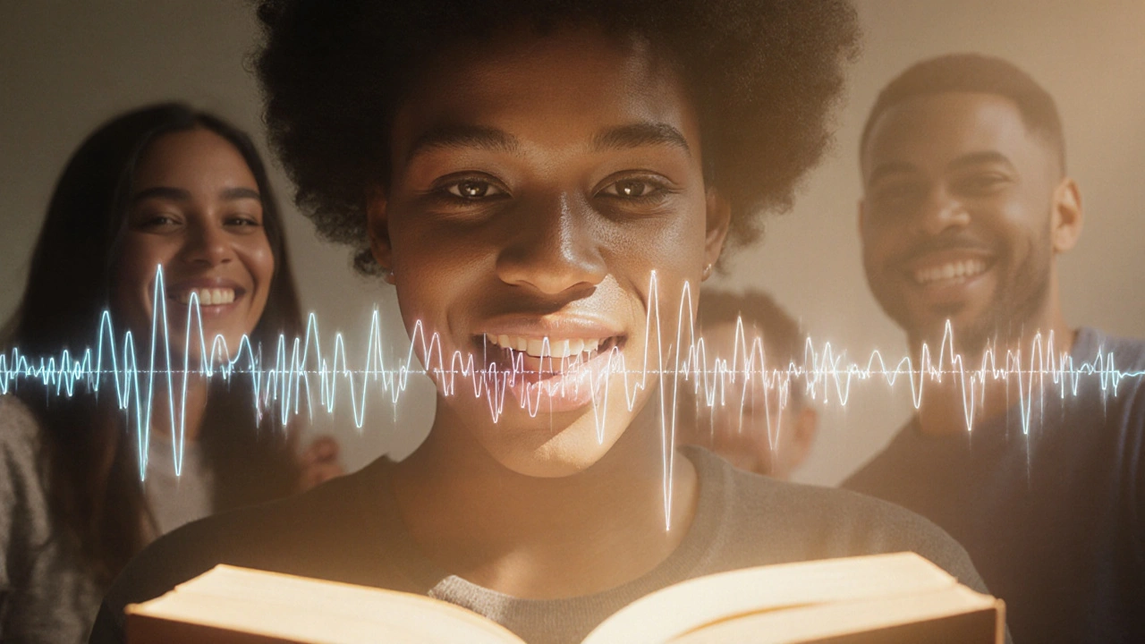 Osoba čte nahlas s rovnátky, symbolizující přizpůsobení řeči.