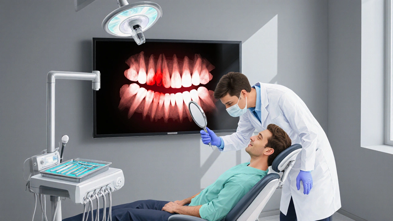 Pacient v zubní pohotovosti, zubař zkoumá zub, na monitoru X‑ray s viditelným kazem.