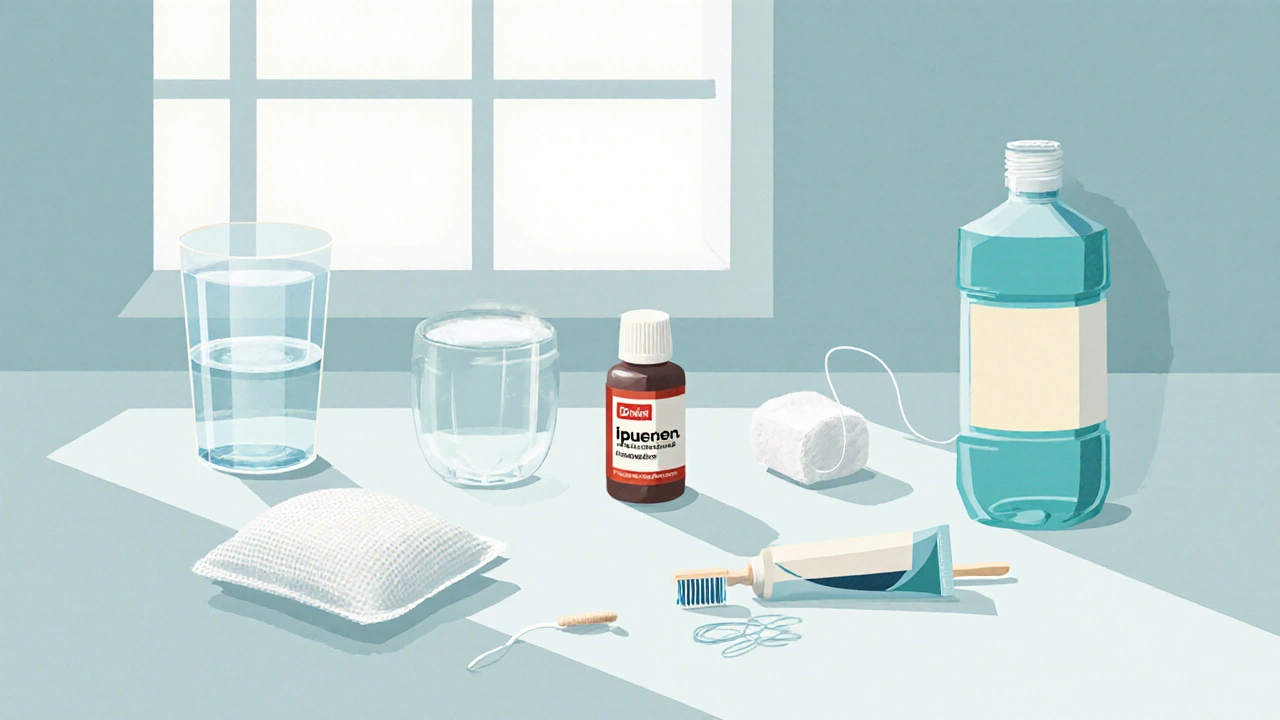 Ploché aranžmá vody, studeného balíčku, ibuprofenu, zubní pasty, kartáčku, nitě a ústní vody.