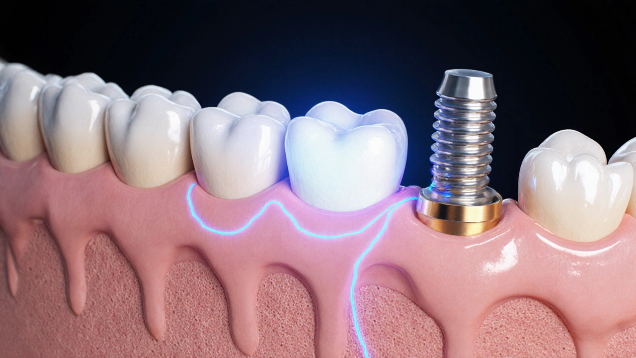 Příčný řez čelistí s titanovým implantátem integrovaným do kosti.