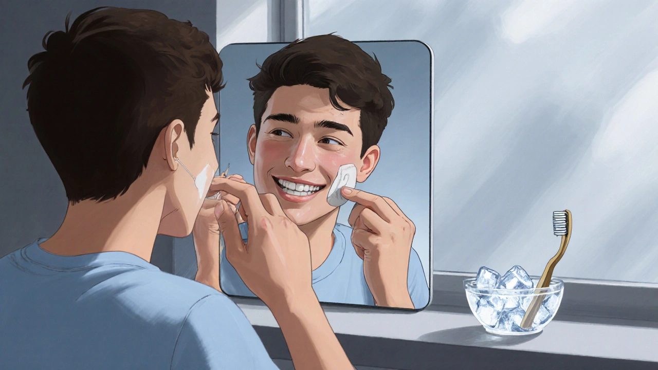 Příští aplikace vosku na vnitřní stranu úst s rovnátky.