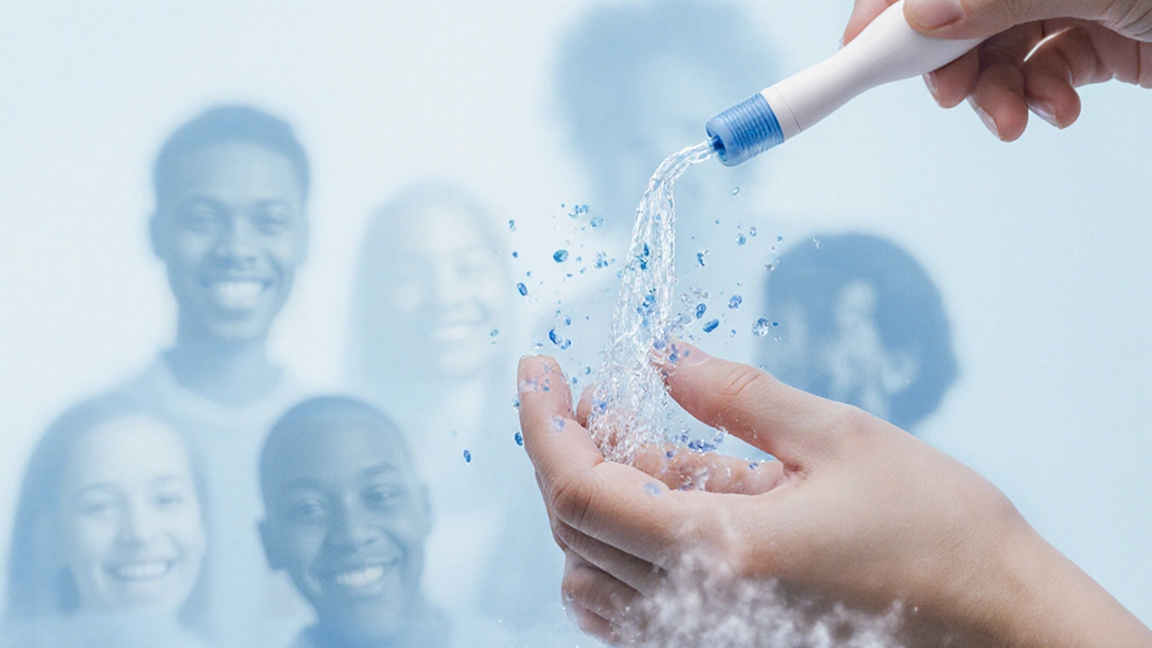 Ruka drží nástroj na flossing, bakterie jsou odstraňovány proudem vody.