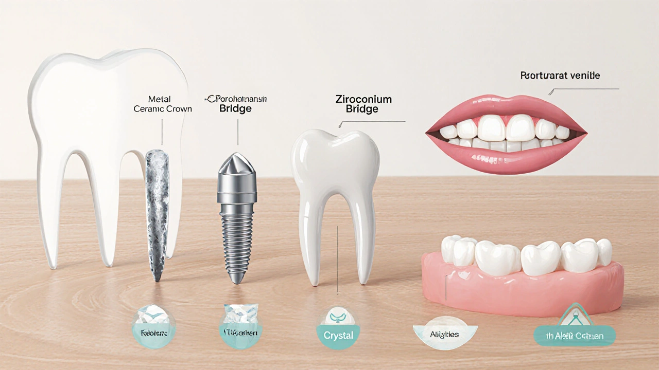 Stůl s korunkou, můstkem, implantátem a veneerem, ukazující různé materiály.