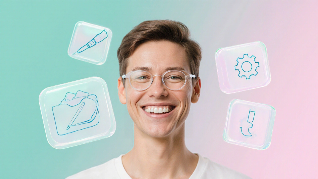 Úsměv s průhledným retainerem, za ním ikony estetiky, rozpočtu a síly.