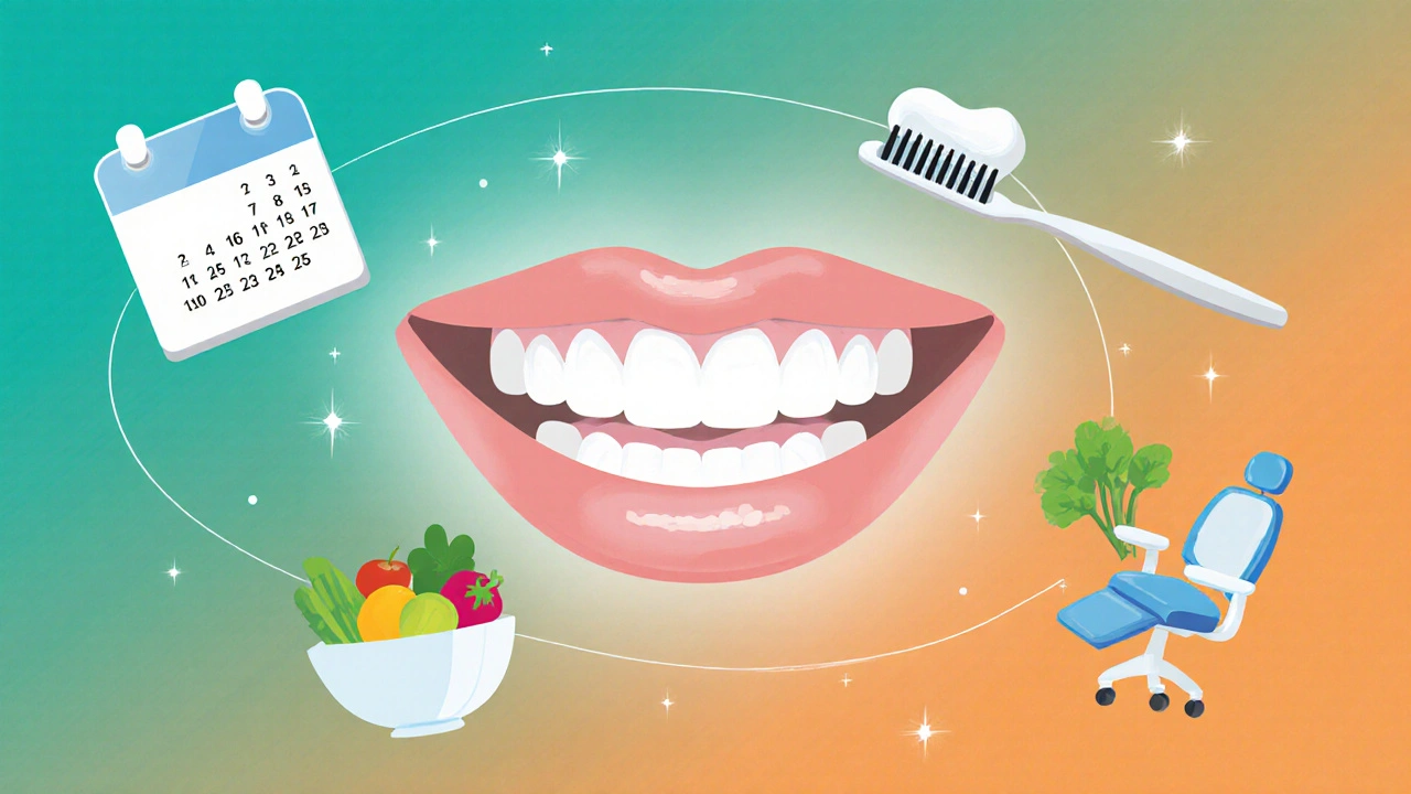 Zdravý úsměv s čistými dásněmi a symboly prevence.