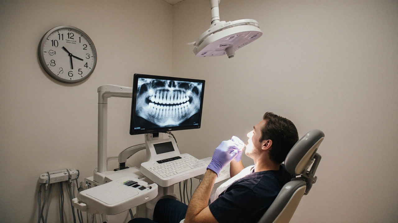 Zubní lékař v Vinohradech rychle instaluje dočasnou korunku v moderní klinice večer.