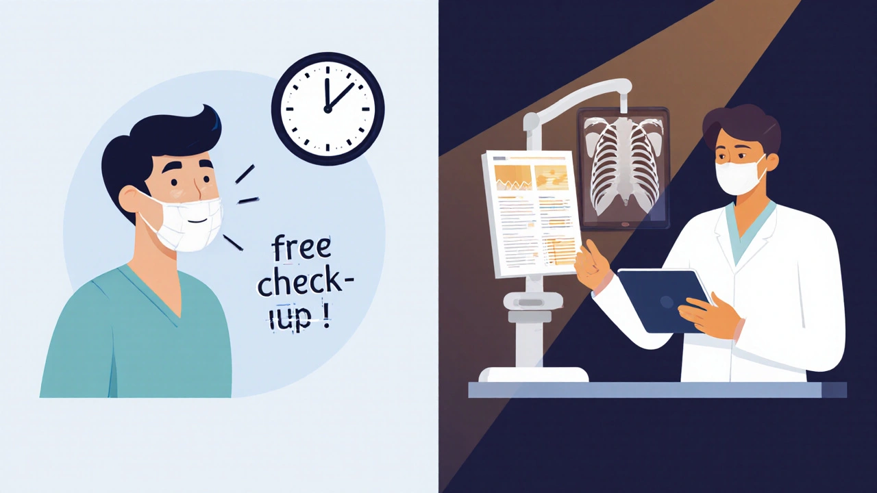 Comparison of a quick free dental check-up versus a thorough paid examination with X-ray.