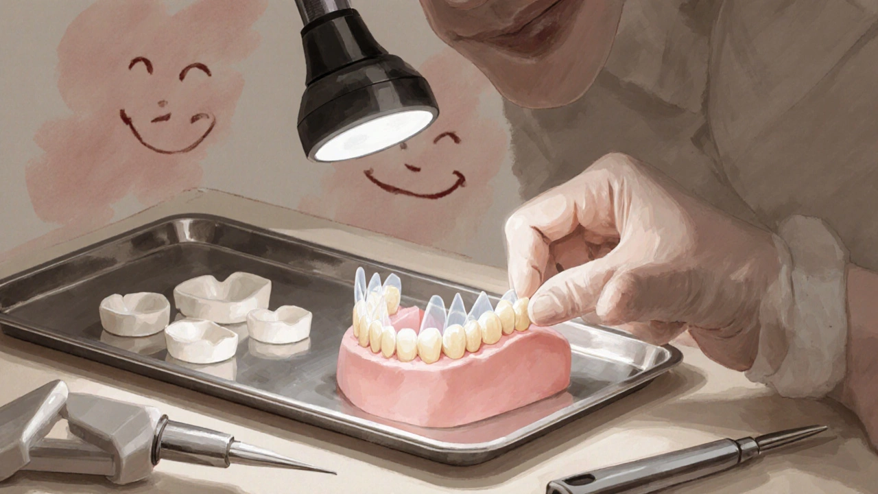 Dentální technik připevňuje tenké keramické fazety na zubní model s přesnými nástroji.