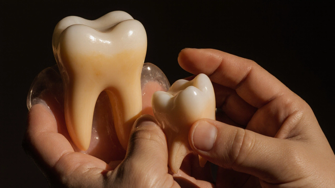 Dítě drží vypadlý mléčný zub, zatímco trvalý zub vyrůstá z dásně v pozadí.