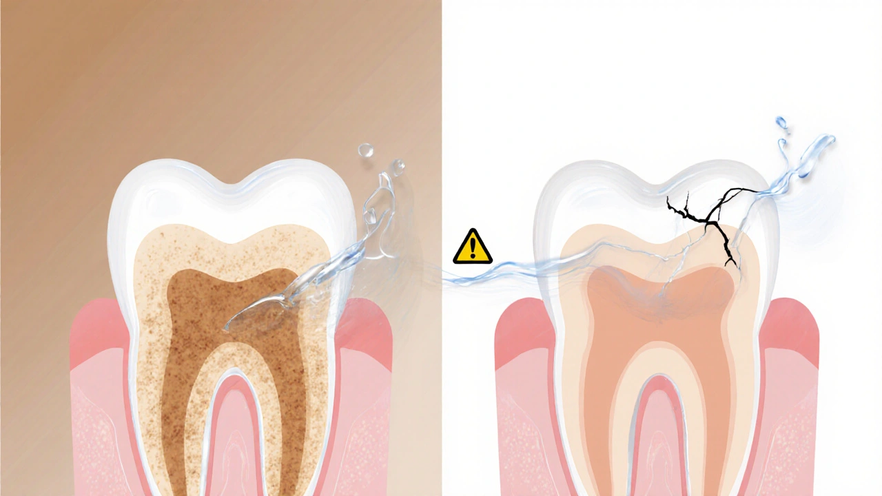 Dva zuby vedle sebe: jeden tmavý s skvrnami, druhý bělý s přechodem pigmentů vnitřně v sklovině.