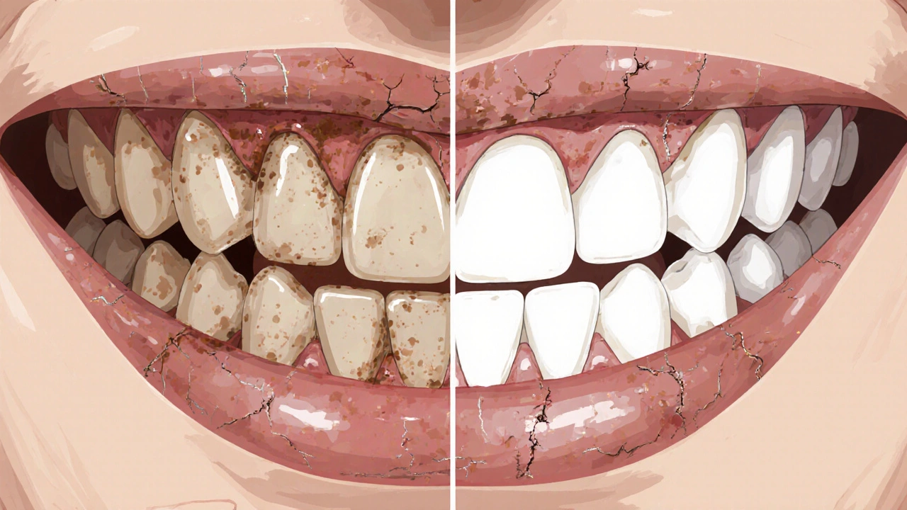 Dvě sady zubů: přirozeně žlutavé a příliš bílé s viditelnými plombami a poškozeným emailem.