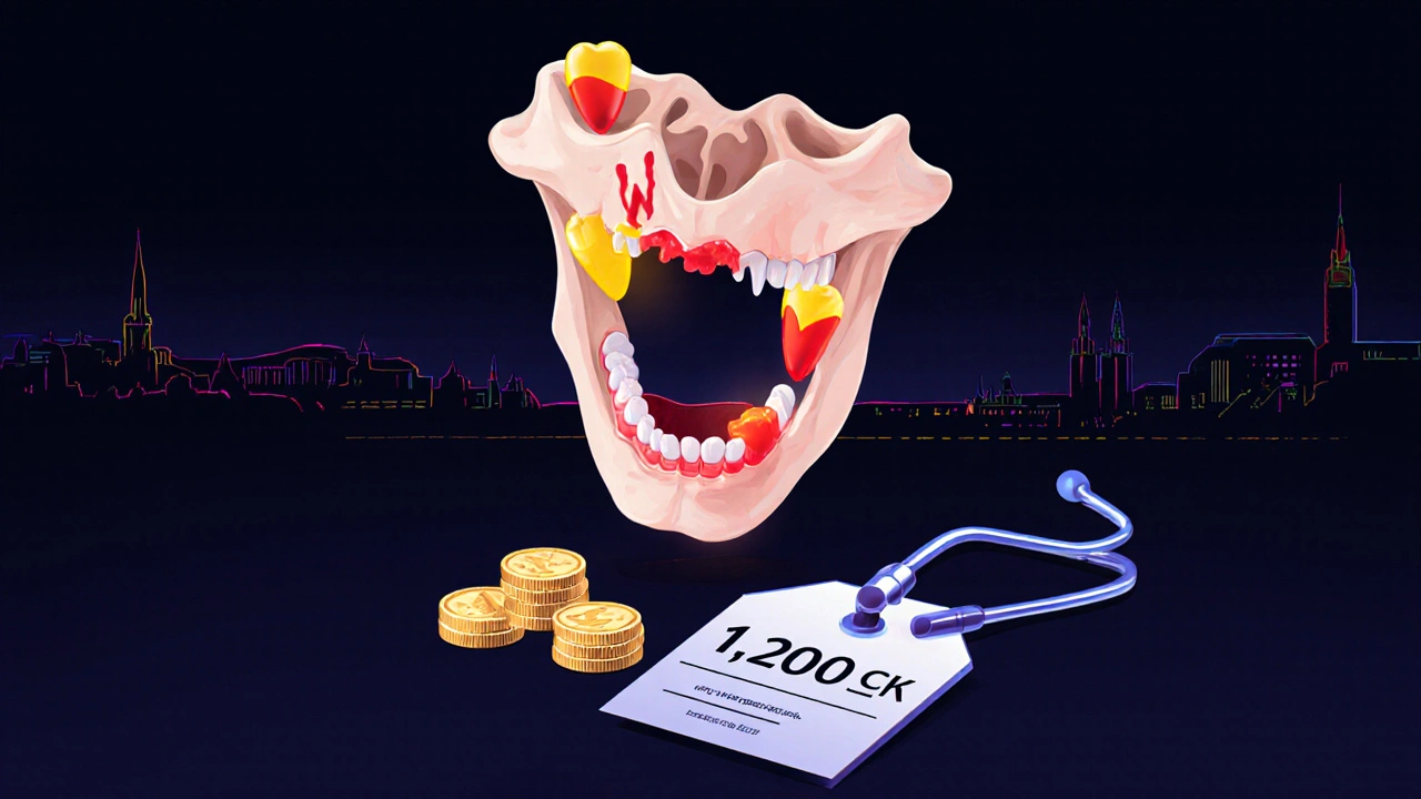 Glowing jawbone showing dental issues above a price tag, symbolizing hidden problems revealed by professional check-up.