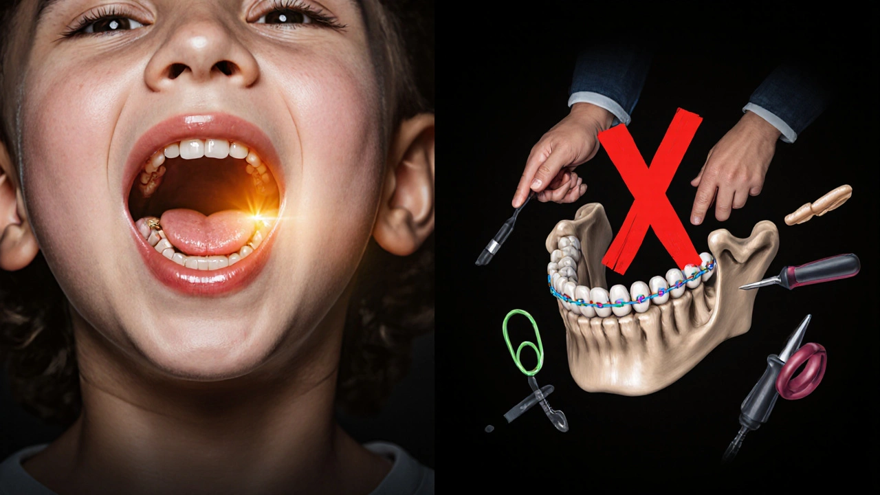 Konceptuální obrázek: rozšiřování čelisti u dítěte vs. nebezpečné domácí metody u dospělého.