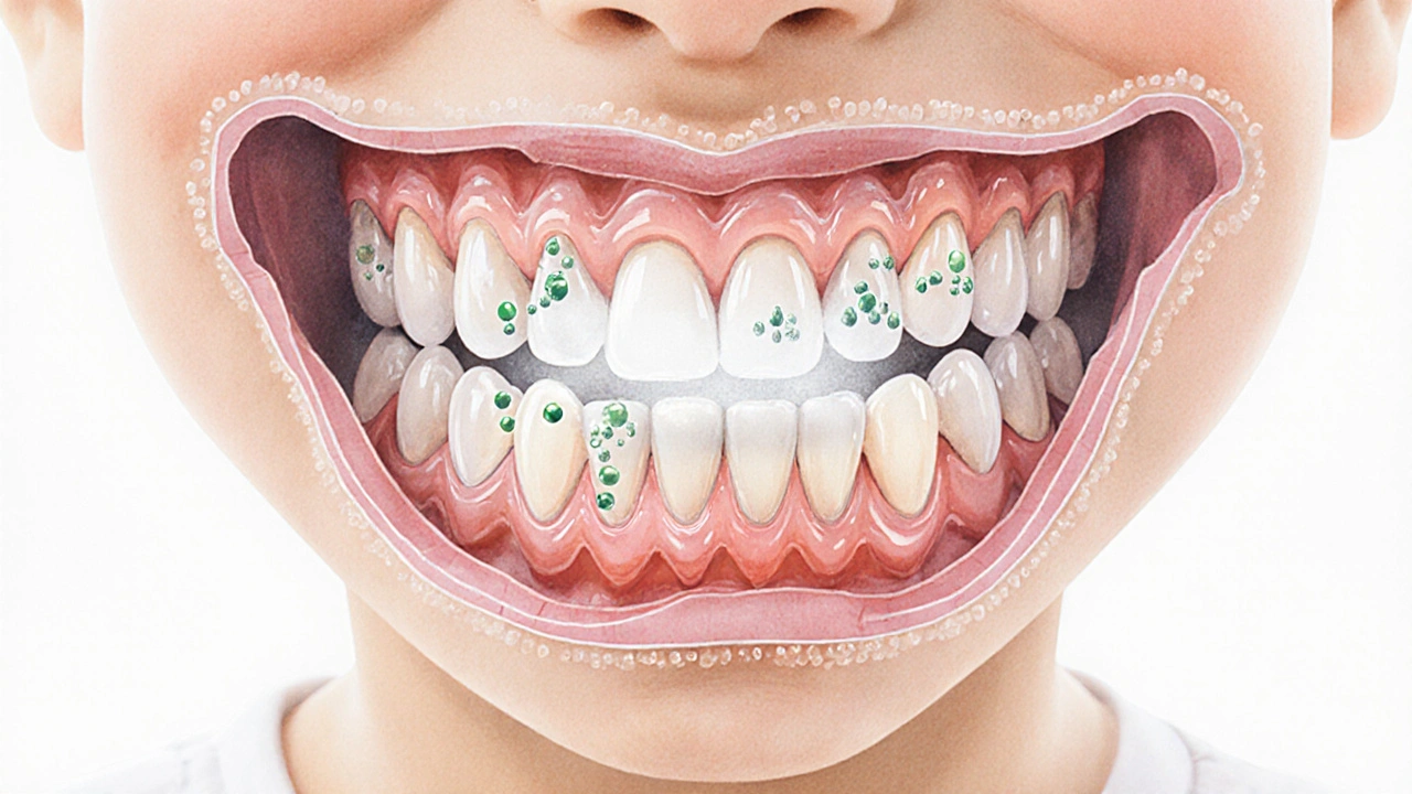 Křehká erze skloviny na mikroskopické úrovni s bakteriemi a minerály.