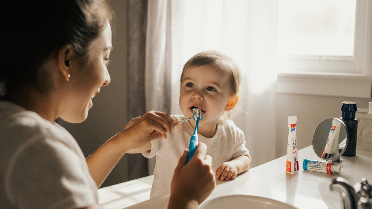 Matka čistí zuby svému malému dítěti ve vaně s fluoridovou pastou.
