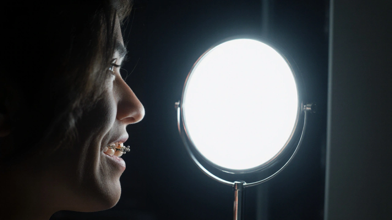 Osoba s ortodontickým aparátem používá LED dentální zrcátko k prohlídce pod dráty.