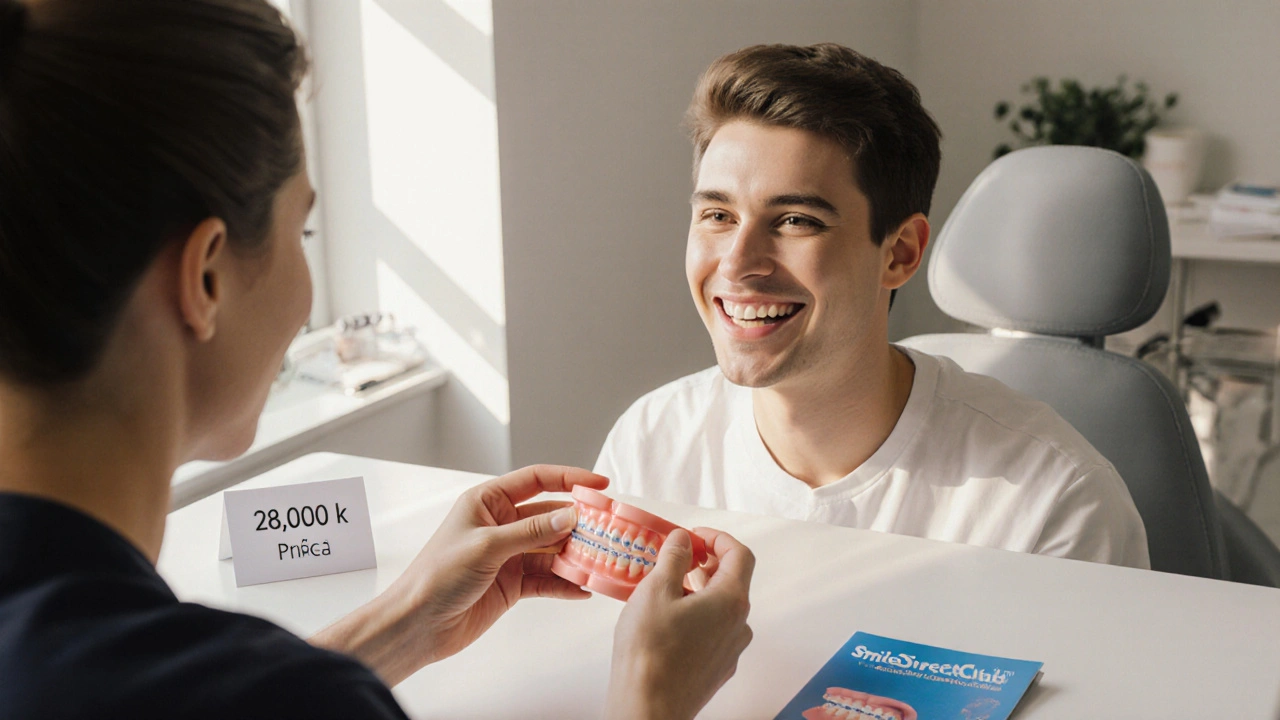 Osoba v klinice s průhlednými zubními dráty a dentista ukazují 3D model zubů při klidném osvětlení.