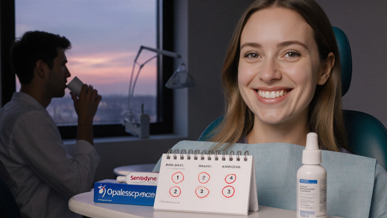 Pacient s bílými zuby v ordinaci, vedle něj balení Opalescence, zubní pasta a kalendář s označenými dny bělení.