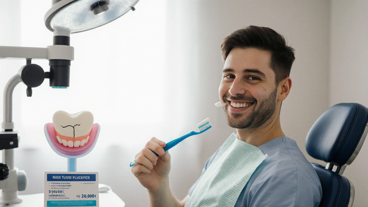 Pacient s noční ochrannou štětinou a zubní pastou v klinice