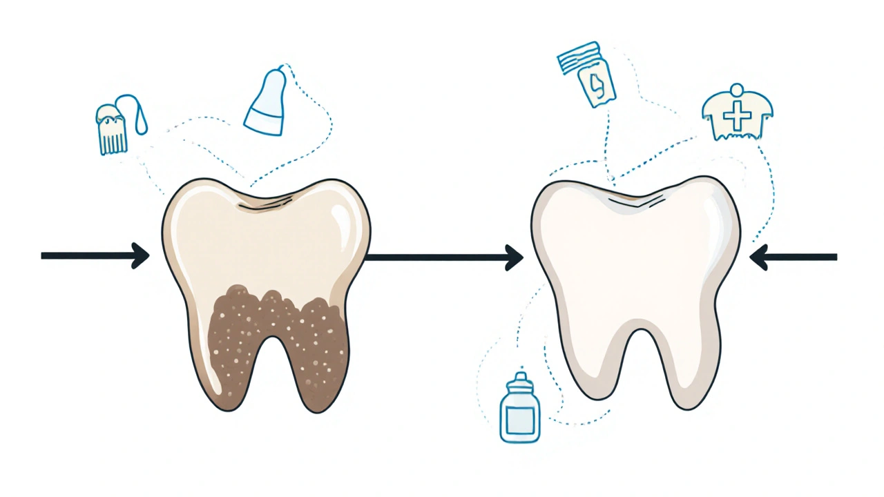 Porovnání zubu s plakem a bez něj – dva scénáře denní hygieny.