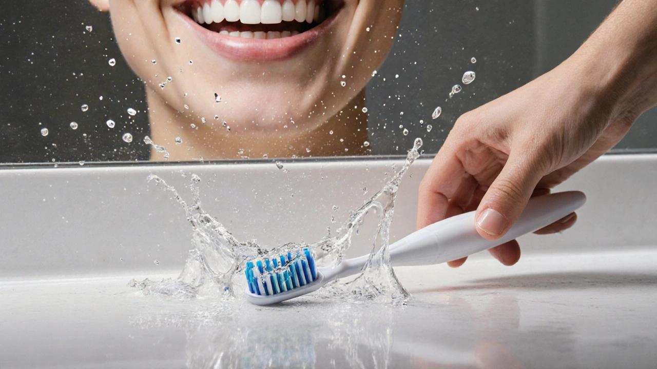 Poškozený elektrický kartáček na mokrém podlaze, ruka ho chce zvednout.