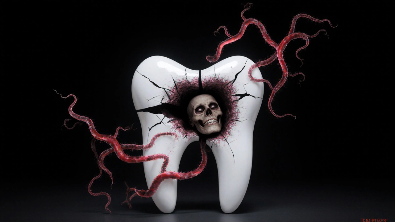 Prasklina ve zubu jako vstupní brána pro bakterie směřující do kosti a krve.