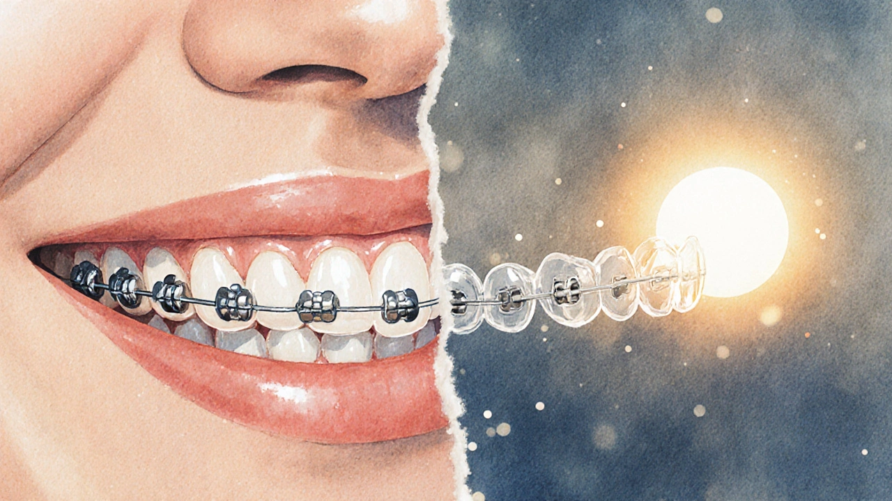 Přechod od kovových rovnátek k průhlednému držáku v krásném úsměvu.