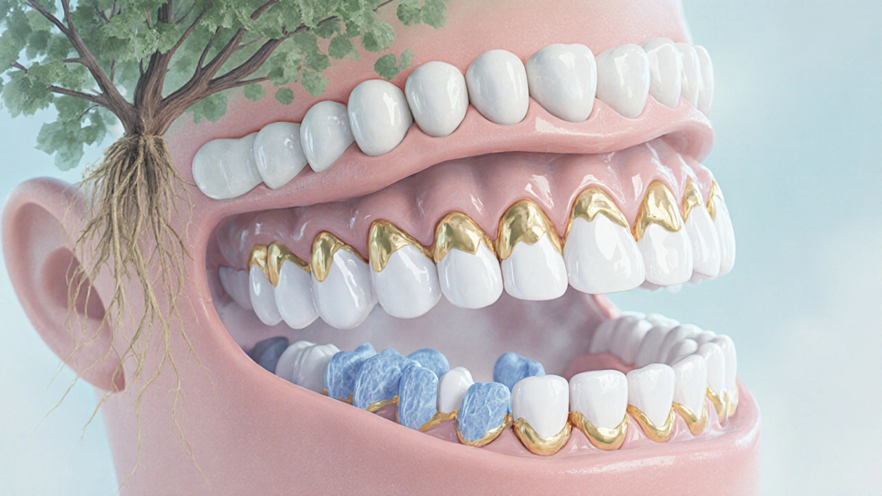 Přechod z mléčných na trvalé zuby znázorněn jako růst stromu s kořeny reprezentujícími zubní vývoj.