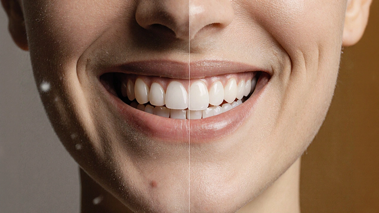 Před a po: porovnání běžného úsměvu a úsměvu s zubními fazetami v jednom obrazu.