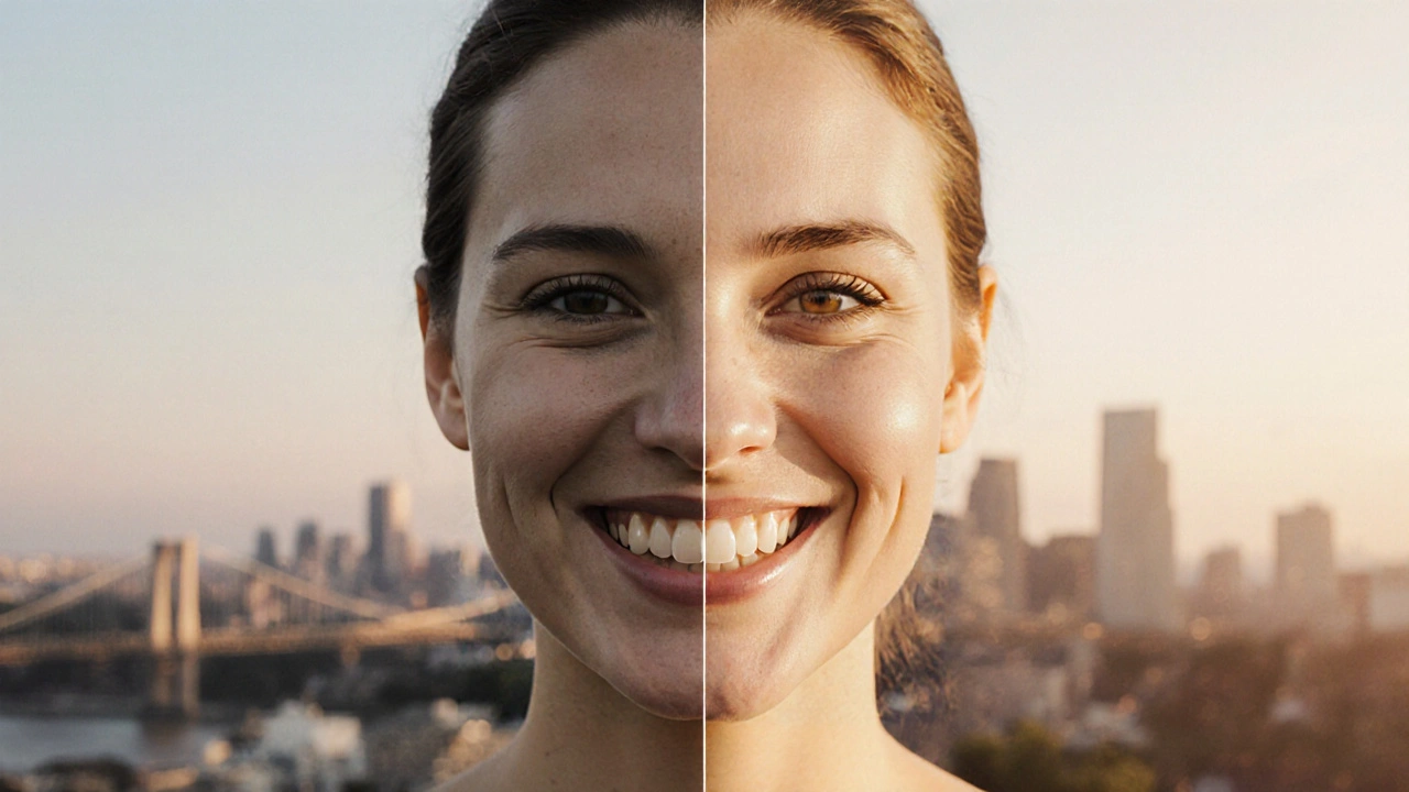 Před a po: přechod od tmavých, nepravidelných zubů k zářivému, dokonalému úsměvu.
