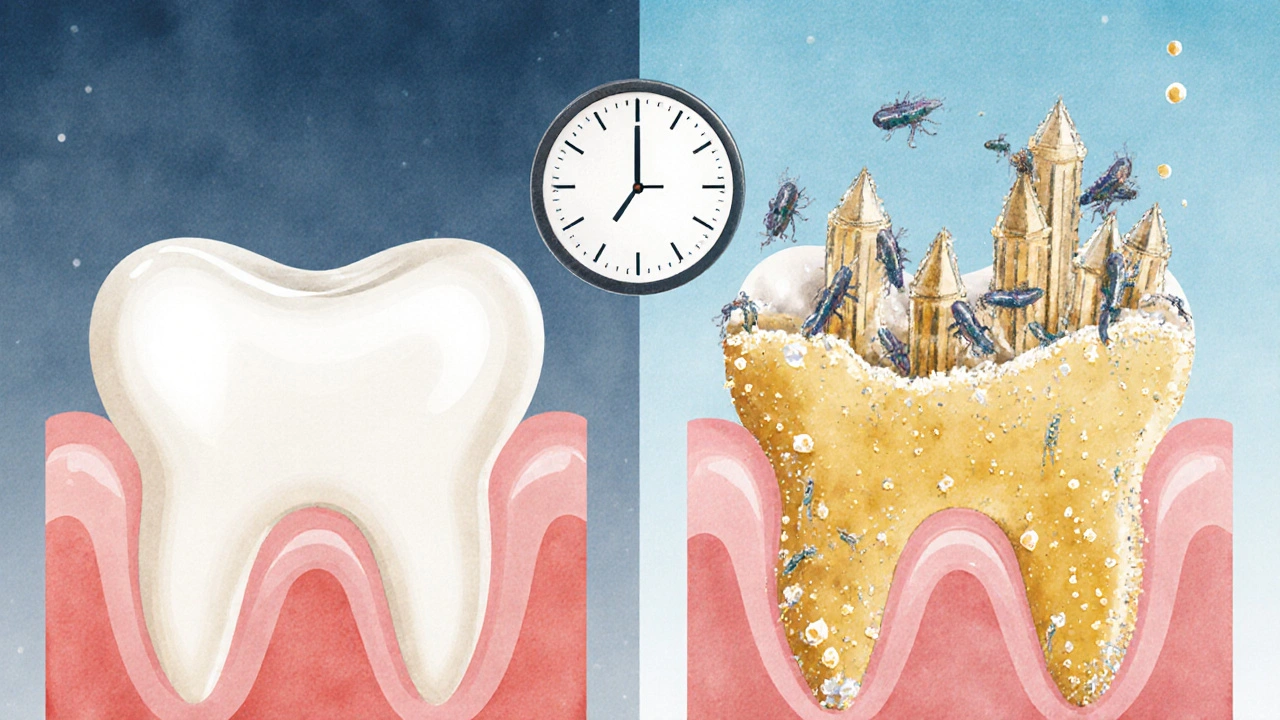 Přeměna měkkého zubního plaku na tvrdý zubní kámen podél dásně.