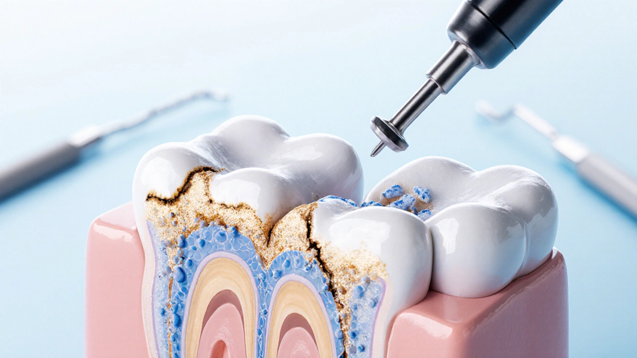 Příčný řez dvou zubů s počátečním mezizubním kazem, viditelný rozvoj kazu do dentinu.