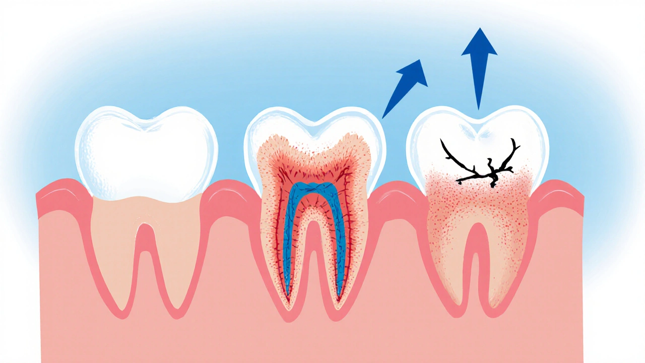 Průřez čelisti s nebezpečným posunem zubu, poškozeným kořenem a zánětem dásní v důsledku neodborné korekce.