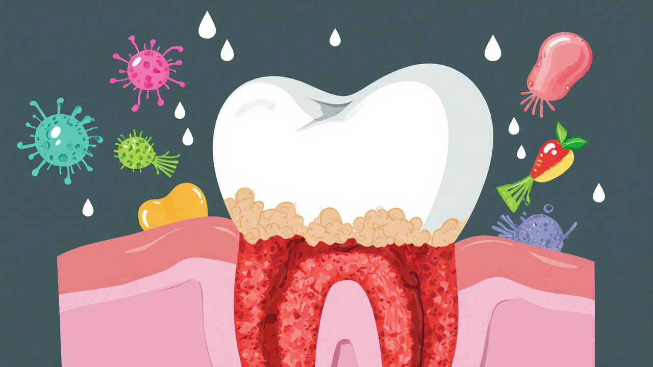 Průřez dětského zubu ukazující nárust plaku a kyseliny ničící sklovinku.