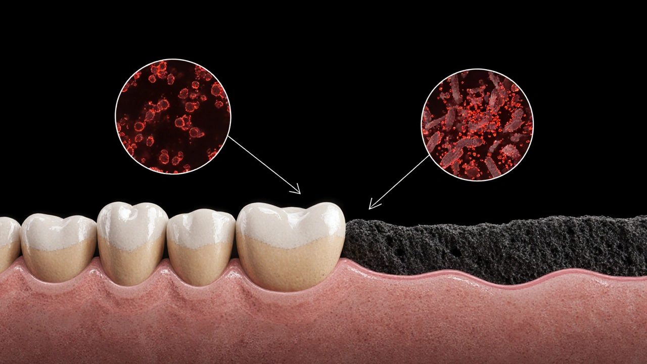 Průřez zubního plaku přeměňujícího se na černý kámen s bakteriemi a železem.