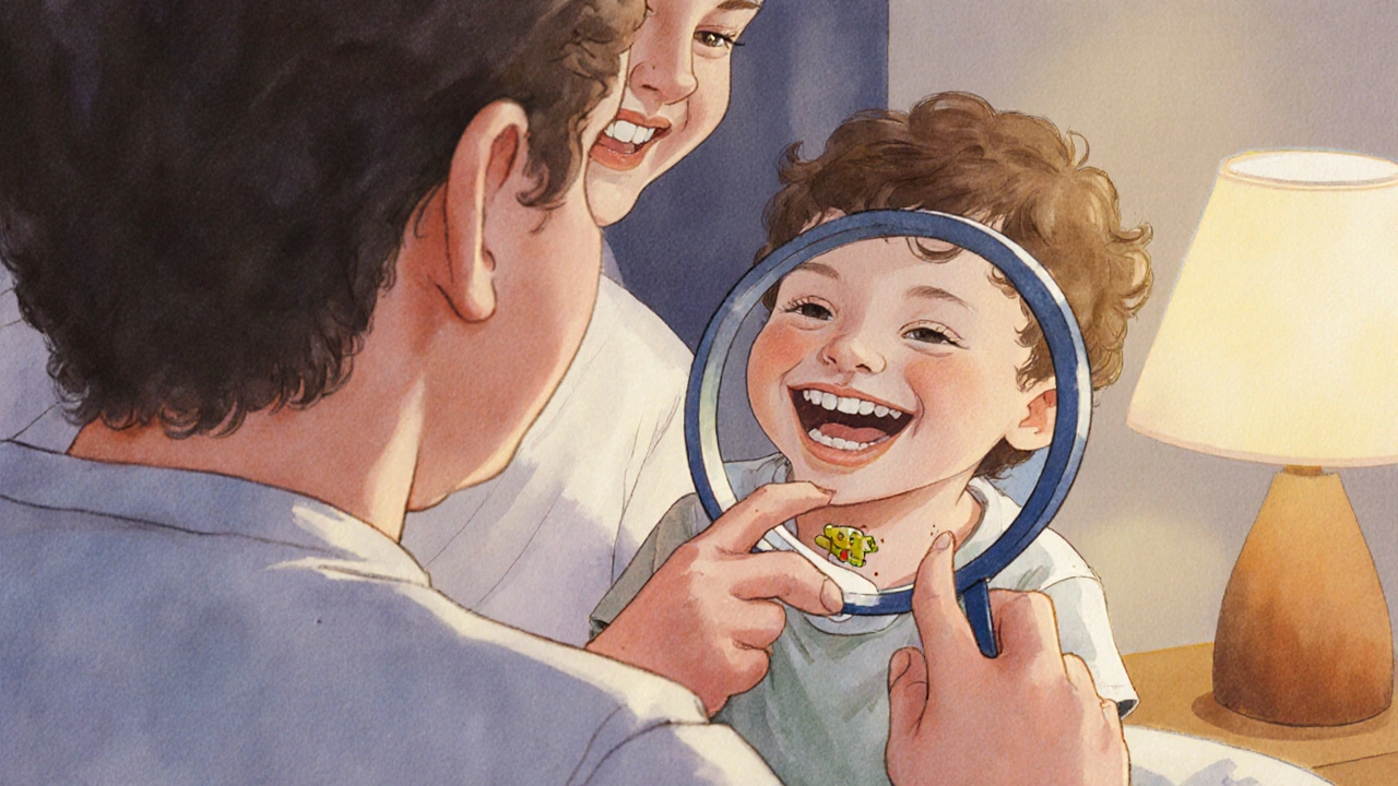 Rodič a dítě společně kontrolovali zuby pomocí dentálního zrcátka.