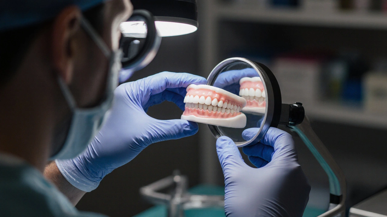 Ruce zubního laboranta drží dokončenou zubní protézu pod lůžkem s magnifikací.