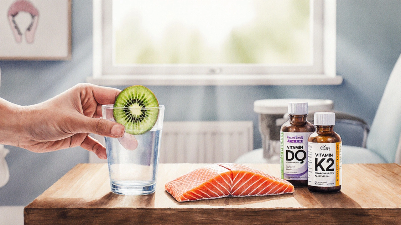 Ruka drží sklenici vody s kiwi a lososem, vedle nich vitamínové doplňky v lahvích