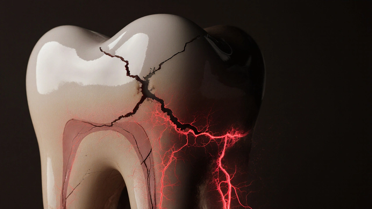 Skrytá prasklina v zubu s viditelným šířením poškození do nitra zubu