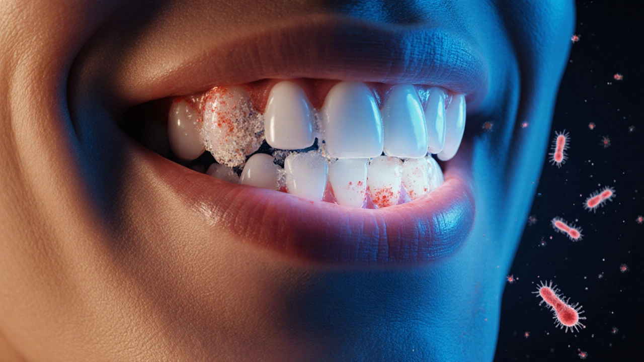 Skrytý zubní kámen pod dásněmi s viditelným zánětem a bakteriemi v pozadí.