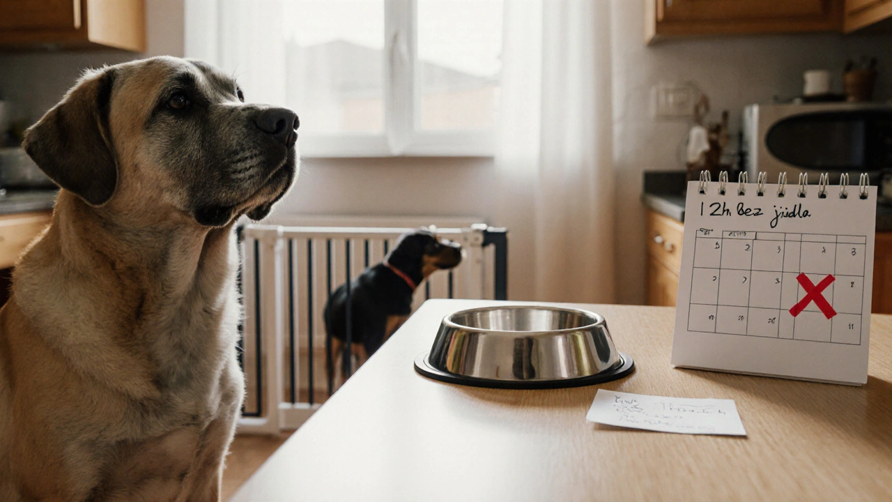 Starší pes a štěně v kuchyni, oddělená krmiva před operací.