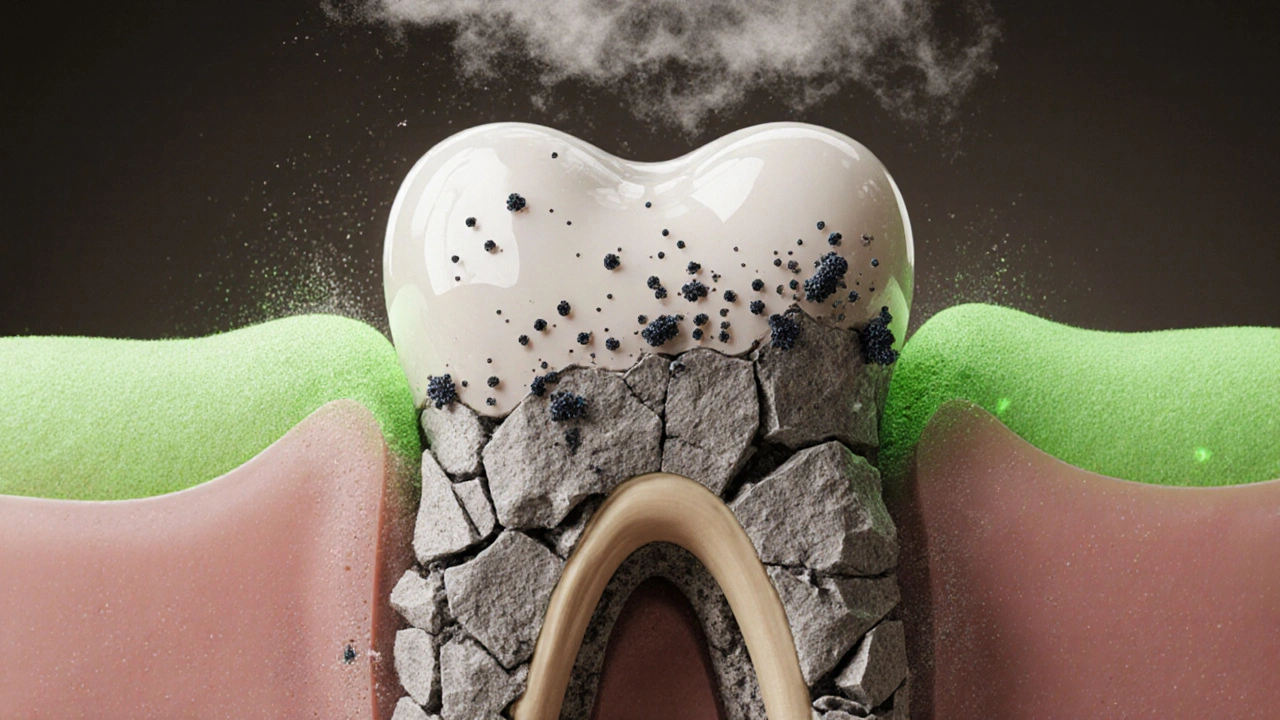 Symbolický obraz zubního kořene, kde kámen ničí kost a dásně, zatímco zdravá tkáň pomalu vyrůstá.